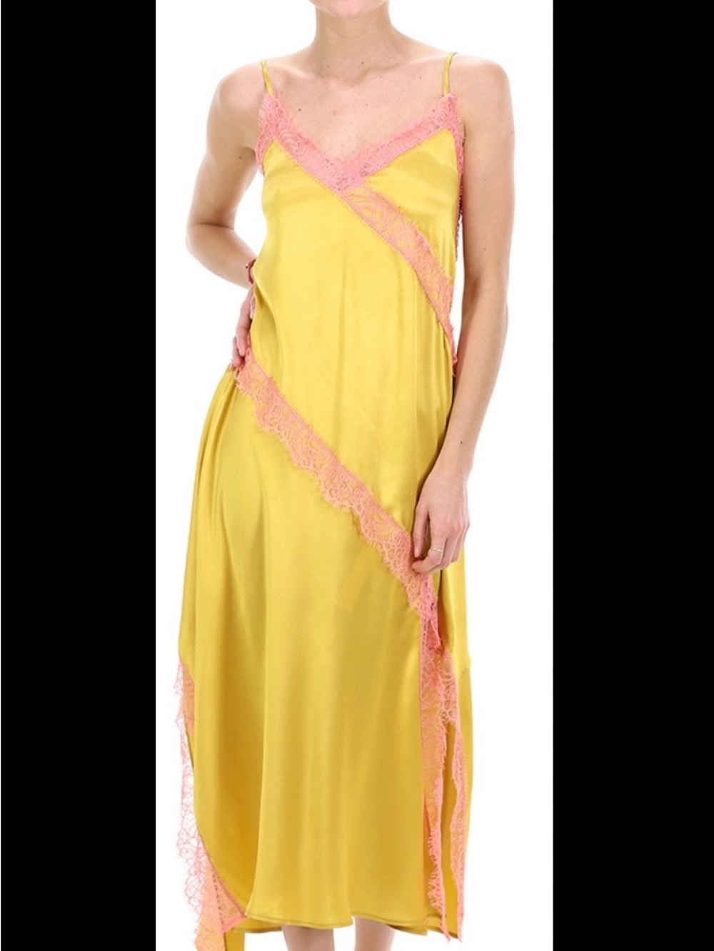 Twinset beautiful asymmetrical lime Slip Dress with Peach Lace Trim size Small